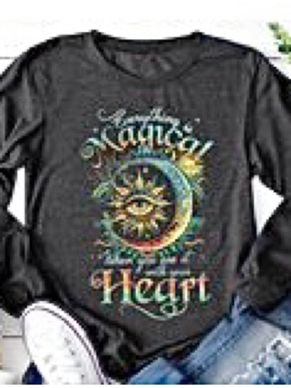Black Graphic Long Sleeve Tee with Colorful Moon & Sun Design. Size M. NWT.